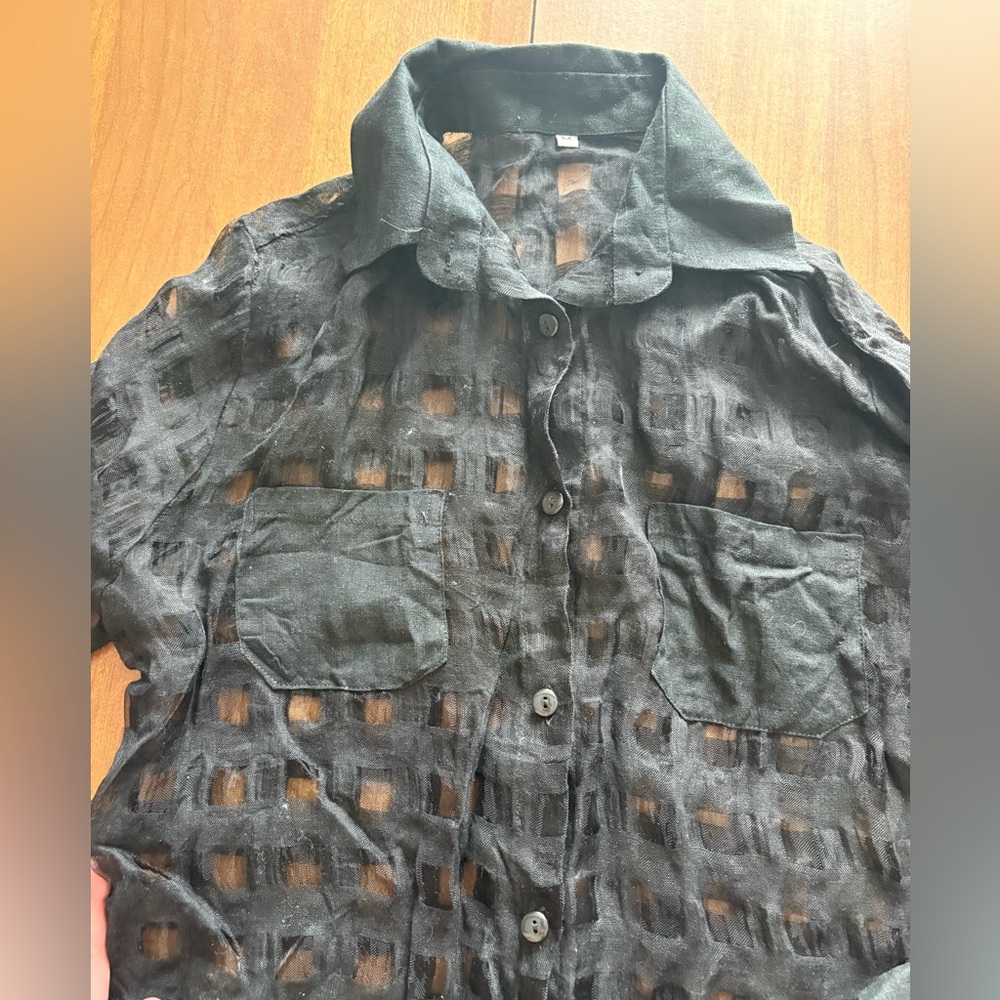 Black Gingham Sheer Collared Button Down Shirt